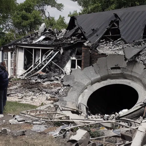 Image similar to an old village house, in the ground a large funnel from the explosion, around people take pictures of this funnel