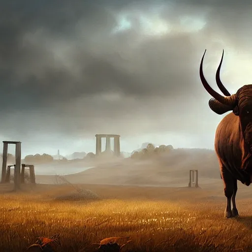 Image similar to a medium shot of a giant bull with horns decorated!!! with bells and ribbons, background is the ruins, in the steppe, autumn field, misty background, from the game pathologic 2, highly detailed, sharp focus, matte painting, by rosa bonheur, by isaac levitan and asher brown durand,