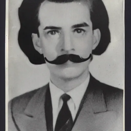 Prompt: newspaper photo from 40s of a sidecut hair toupet stern looking slim medical doctor with a simple mustache