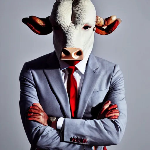 Image similar to high quality picture of a man in a suit wearing a latex mask of a mad horrific cow, by James Jean, natural lighting