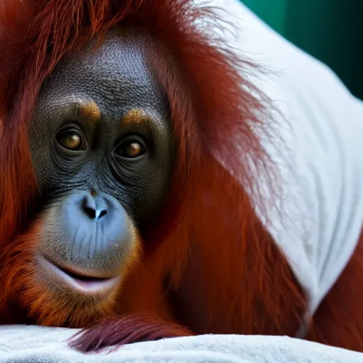 Prompt: photograph of an orangutan just waking up in a bed full of blankets, 4 k, full hd, highly detailed, close up