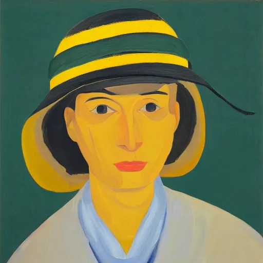 Image similar to woman with hat, by Alex Katz, colorful, yellow background, oil on canvas