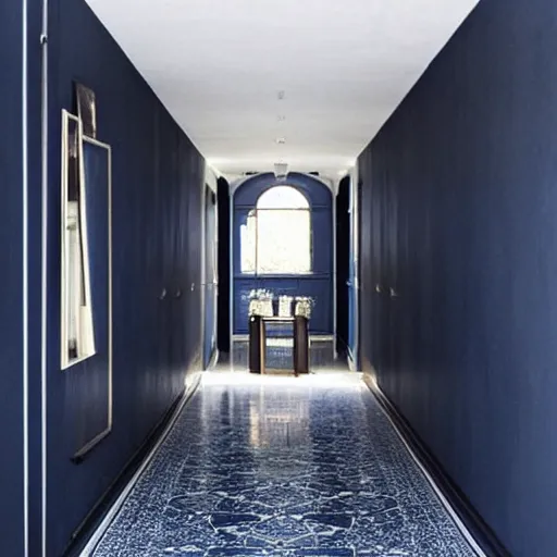 Image similar to minimalist hallway, navy blue and black aesthetic, unknown location, clean, stucco walls, shiny floors, cinematic