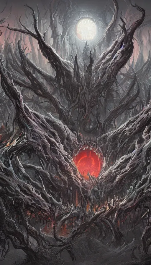 Prompt: a storm vortex made of many demonic eyes and teeth over a forest, by blizzard concept artists