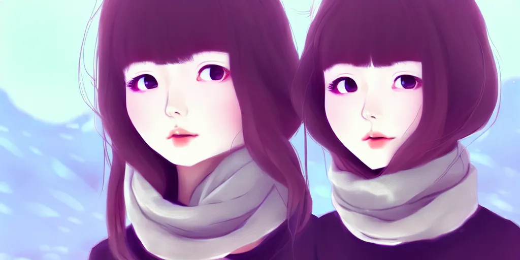 Prompt: ulzzang korean girl in sweater wearing scarf on neck. winter background, ilya kuvshinov, anime, pixiv top monthly, trending on artstation, cinematic, danbooru, zerochan art, kyoto animation