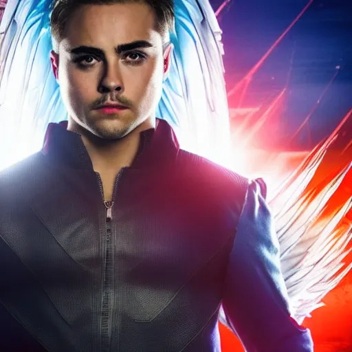 Image similar to stunning awe inspiring dacre montgomery as archangel in a x - men movie, still 8 k hdr atmospheric lighting