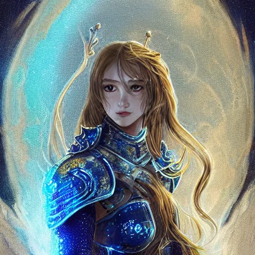 Image similar to portrait knights of Zodiac girl, main in white and second metalic blue color reflected armor, in ruined Agora of Athens luna night and firefly and star sparkles, ssci-fi, fantasy, intricate, very very beautiful, elegant, golden light, highly detailed, digital painting, artstation, concept art, smooth, sharp focus, illustration, art by tian zi and WLOP and alphonse mucha