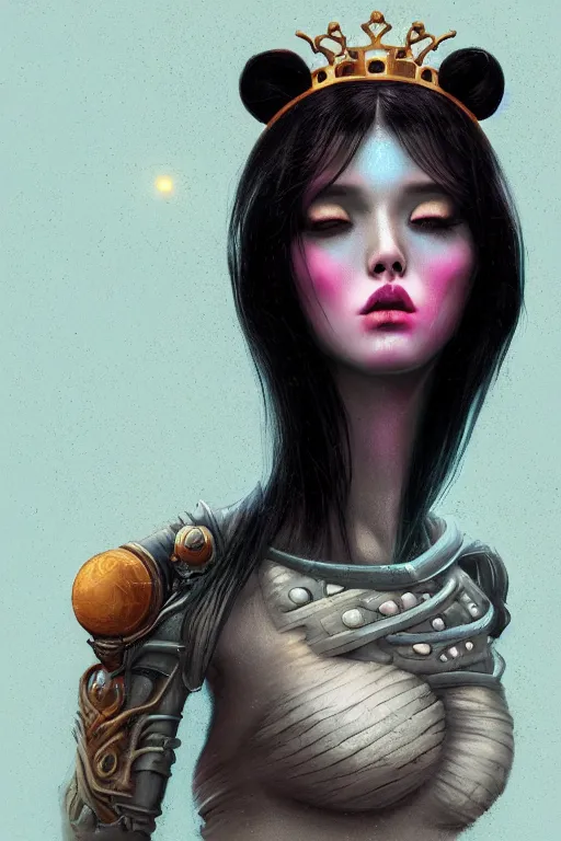 Prompt: digital portrait of an eloquent alien panda bear queen, straight on, full body character concept art, concept art, by artgerm, tom bagshaw, gerald brom, vaporwave colors, lo fi colors, vaporwave, lo fi, 4 k, hd, rendered with substance designer, small details,