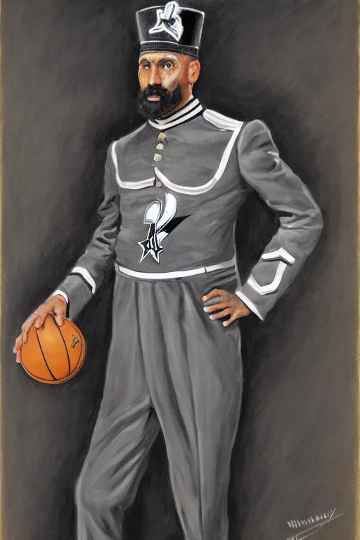 Image similar to full body portrait of the dictator of the san antonio spurs, 1 8 8 9, in full military garb, silver, black, white, oil on canvas by william sidney mount, trending on artstation