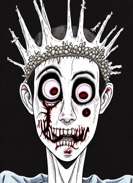 Image similar to junji ito style portrait of zombie teenage jughead jones wearing a light grey crown, zombie, crown, rotting skin, blind eyes, white eyes, crown, black hair, intricate, highly detailed, illustration, art by junji ito