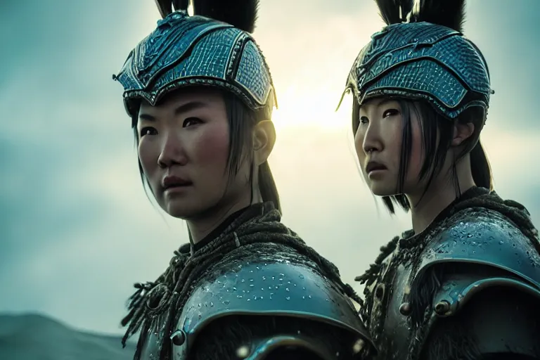 Image similar to vfx film closeup, futuristic mongolian warriors, flat color profile low - key lighting award winning photography arri alexa cinematography, hyper real photorealistic cinematic, atmospheric cool colorgrade