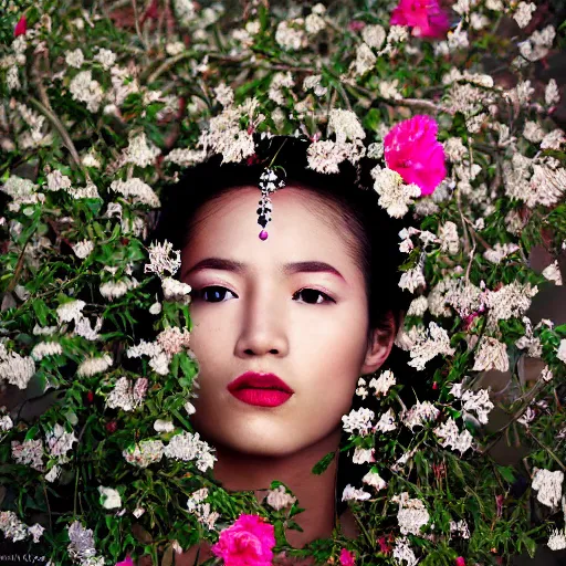 Prompt: photography of the asian queen sitting in the flower thorn, beautiful face, masterpiece costume, jewellery, high quality, elegant, emotionally touching, cool, deep gaze, mystery, tenderness, joe mcnally style