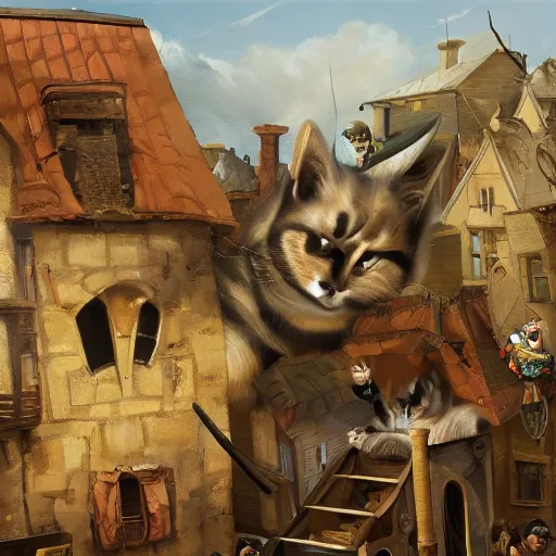 Prompt: a highly detailed oil painting of a giant cat smashing houses, renaissance, bystanders watching from the sides, 4 k, by ariduka 5 5, monokubo, artstation,