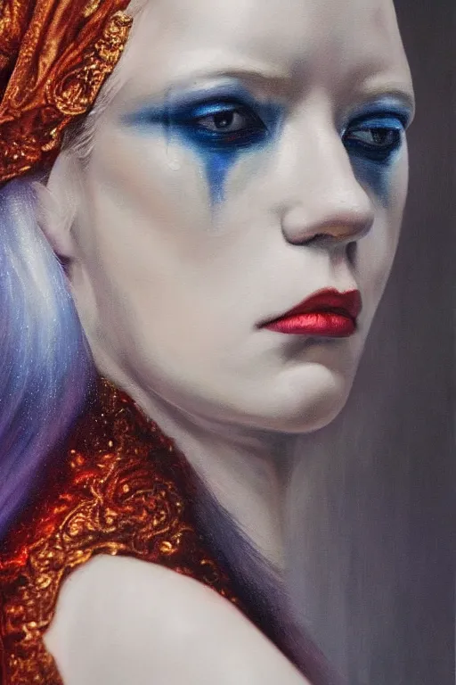 Image similar to hyperrealism oil painting, close - up portrait of albino queen medieval fashion model, knight, steel gradient mixed with nebula sky, in style of baroque