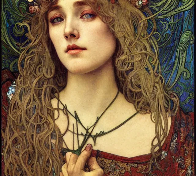 Image similar to detailed realistic beautiful young medieval queen face portrait by jean delville, alphonse mucha, vincent van gogh, and marco mazzoni, art nouveau, symbolist, visionary, gothic, pre - raphaelite