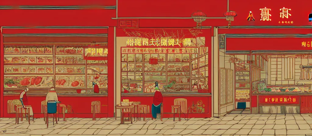 Image similar to a beautiful simple 4 k hd wallpaper illustration of interior view display of the corner of roasted string hotpot shop, simple style, from china, with merchant logo, simple structure, surrealistic, chinese style, victo ngai, james jean, denoise, deblurring