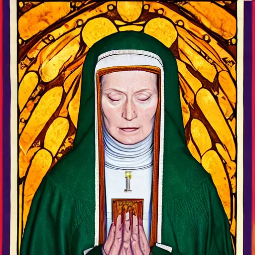 Image similar to A portrait of Hildegard Von Bingen by Juergen Teller, photograph, XF IQ4, 150MP, 50mm, f/1.4, ISO 200, 1/160s, natural light, Adobe Photoshop, Adobe Lightroom, DxO Photolab, Corel PaintShop Pro, rule of thirds