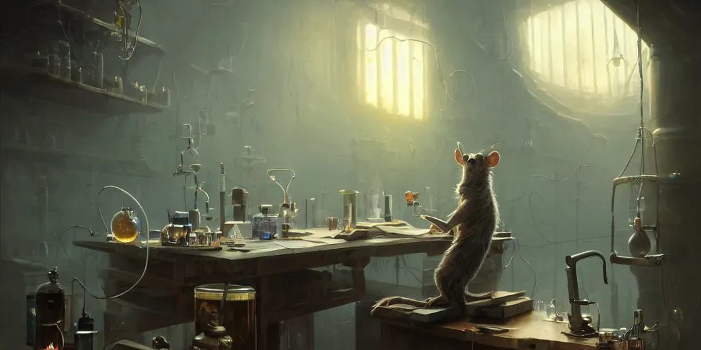 Image similar to humanoid rat in a laboratory sitting at a desk with lots of flasks filled with magic liquids and poisonous fog, stephen bliss, unreal engine, fantasy art by greg rutkowski, loish, rhads, ferdinand knab, ilya kuvshinov, rossdraws, tom bagshaw, global illumination, radiant soft light, detailed and intricate environment