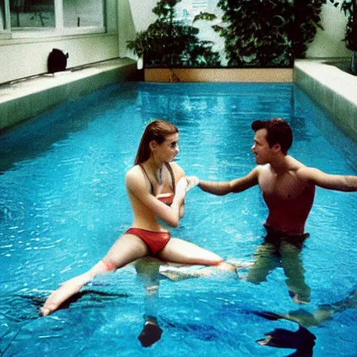 Image similar to elon musk training young emma watson how to swim cinestill 800t