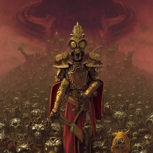 Image similar to anthropomorphic shiba inu, wearing gold armor, standing on pile of skulls, graveyard of skulls, fantasy 3 d render, masterpiece, glowing red light aura, by donato giancola and greg rutkowski and wayne barlow and zdzisław beksinski, realistic face