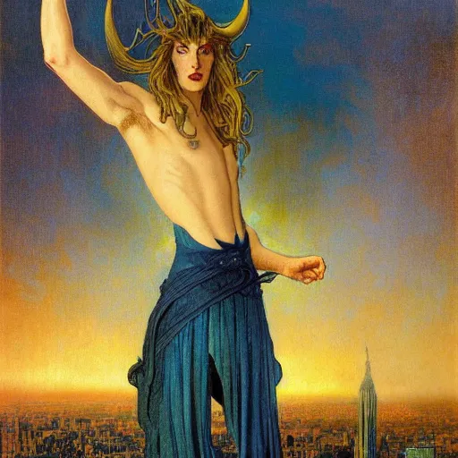 Image similar to realistic detailed portrait painting of a beautiful mysterious man with devil horns standing in a city at night background by Jean Delville, Amano, Yves Tanguy, Alphonse Mucha, Edward Robert Hughes, Roger Dean, rich moody colours, blue eyes