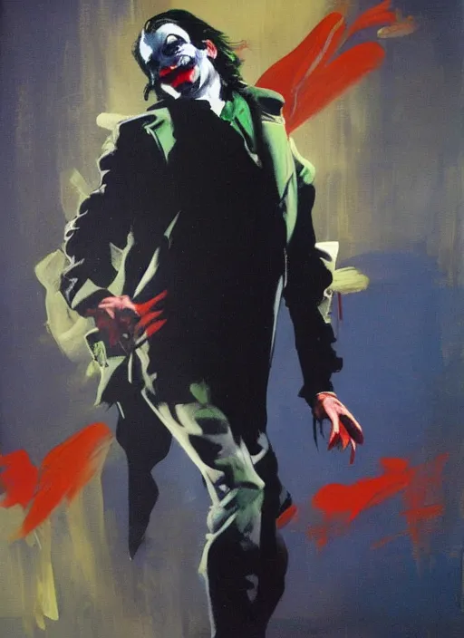 Image similar to joaquin phoenix as joker dancing, painting by phil hale, fransico goya,'action lines '!!!, graphic style, visible brushstrokes, motion blur, blurry, visible paint texture, crisp hd image