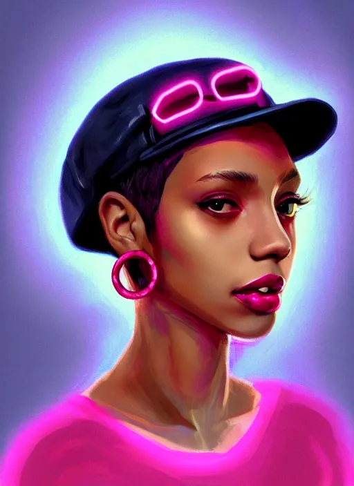 Image similar to portrait of teenage vanessa morgan with bright pink hair, black girl, vanessa morgan, curly pixie cut hair, wearing newsboy cap, newsboy cap, hoop earrings, intricate, elegant, glowing lights, highly detailed, digital painting, artstation, concept art, smooth, sharp focus, illustration, art by wlop, mars ravelo and greg rutkowski