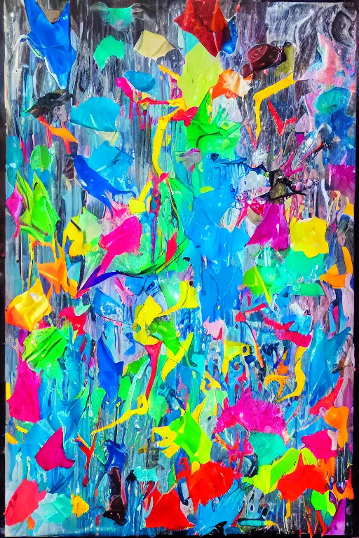Image similar to acrylic painting, paint drips, acrylic, wildstyle, clear shapes, maximalism, smeared flowers, origami cranes, oil pastel gestural lines, large triangular shapes