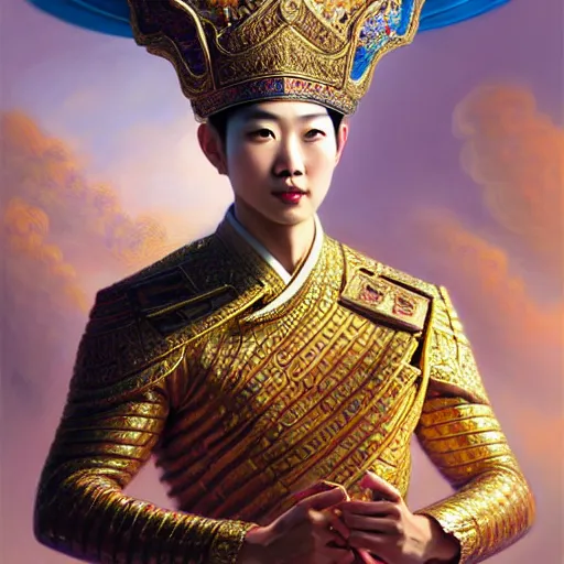 Image similar to pretty korean male dressed as king ramkhamhaeng of sukhothai, intricate, highly detailed, centered, digital painting, artstation, concept art, smooth, sharp focus, illustration, artgerm, tomasz alen kopera, peter mohrbacher, donato giancola, joseph christian leyendecker, wlop, boris vallejo