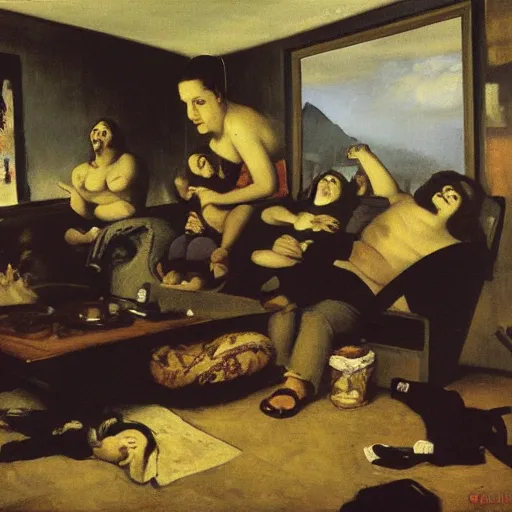 Prompt: oil on canvas painting by gustave courbet [ 1 8 6 6 ] of the simpsons as humans watching tv from their family room couch, 8 k, 4 k