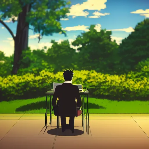 Image similar to a worker wearing a suit is contemplating life in front of his desk, it is all inside a small depressive cubicle which is completely surrounded by beautiful nature, anime style