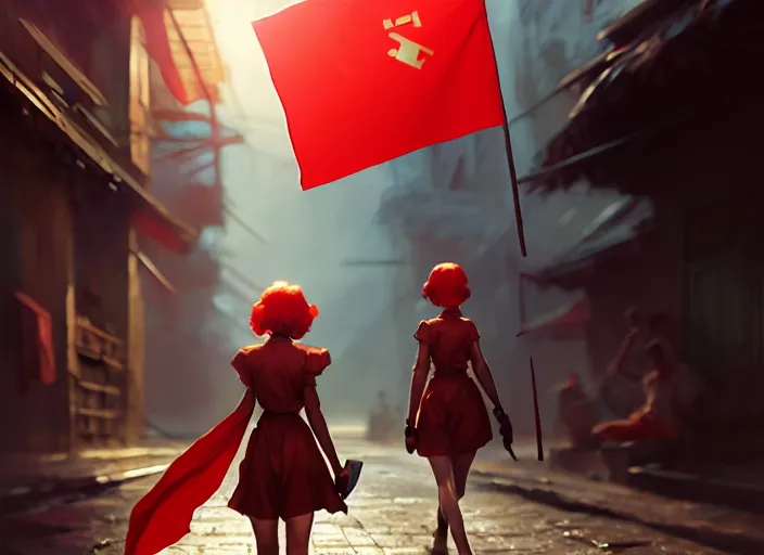 Prompt: glowing girl carrying a red propaganda flag walking through poor district, DSLR 85mm, by Craig Mullins, ilya kuvshinov, krenz cushart, artgerm, Unreal Engine 5, Lumen, Nanite