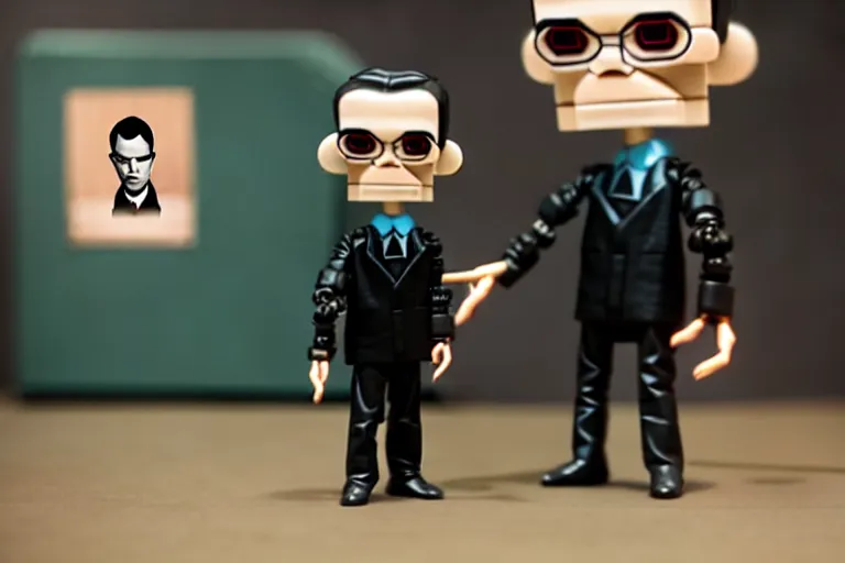 Image similar to alan turing being possessed by agent smith, stop motion vinyl action figure, plastic, toy, butcher billy style