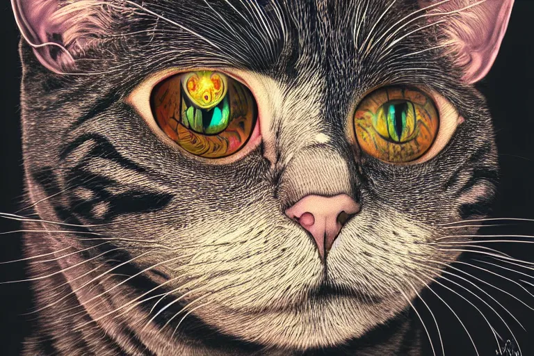 Image similar to portrait of surreal cat with 3rd eye, dmt, trippy, highly detailed, photorealistic, reflections, smooth, sharp focus, concept art, illustration, beautiful, geometric, trending on artstation, cinematic, featured on behance , artwork by WLOP and Tran, Ross