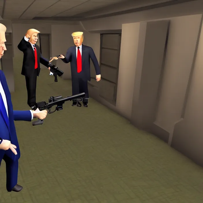 Prompt: Joe Biden and Donald Trump in Garrys Mod Holding a Physics Gun, Gameplay Screenshot, Direct Warm Lighting, High Graphics, Detailed