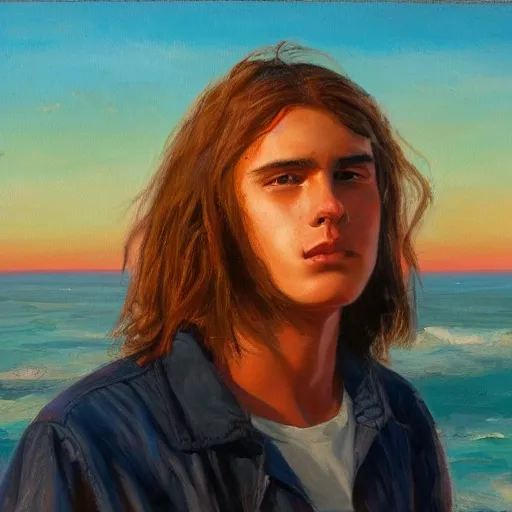 Prompt: a teen guy with mullet, portrait, sunset, ocean in distance, oil painting, pale colors, high detail, 8 k, wide angle, trending on artstation,