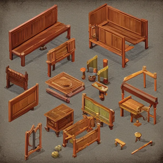 Image similar to a digital painting of isometric medieval furniture by yusuf artun, highly detailed, digital art, isometric, artstation hd