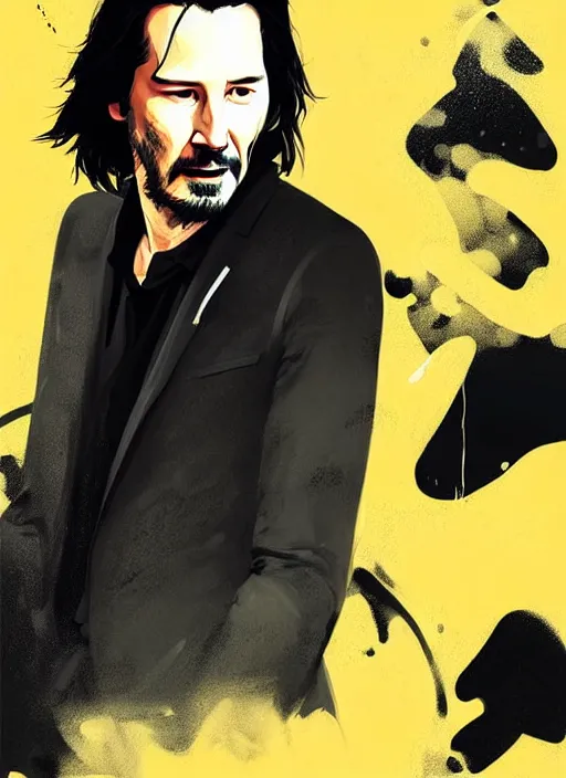 Image similar to highly detailed closeup portrait of cool keanu reeves, wavy hair, jhonny depp, black suit by atey ghailan, by greg rutkowski, by greg tocchini, by james gilleard, by joe fenton, by kaethe butcher, gradient yellow, black and white color scheme, grunge aesthetic!!! ( ( graffiti tag wall background ) )