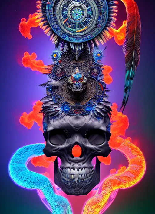 Image similar to 3 d shaman with tattoos profile portrait, sigma 5 0 0 mm f / 5. beautiful intricate highly detailed quetzalcoatl skull and feathers. bioluminescent, plasma, lava, ice, water, wind, creature, thunderstorm! artwork by tooth wu and wlop and beeple and greg rutkowski, 8 k trending on artstation,