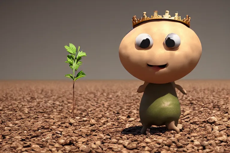 Prompt: the potato king which is a potato appears before the large crowd of his subjects in all his glory wearing his crown, concept art, blender, glossy googly eyes, realistic dirt.