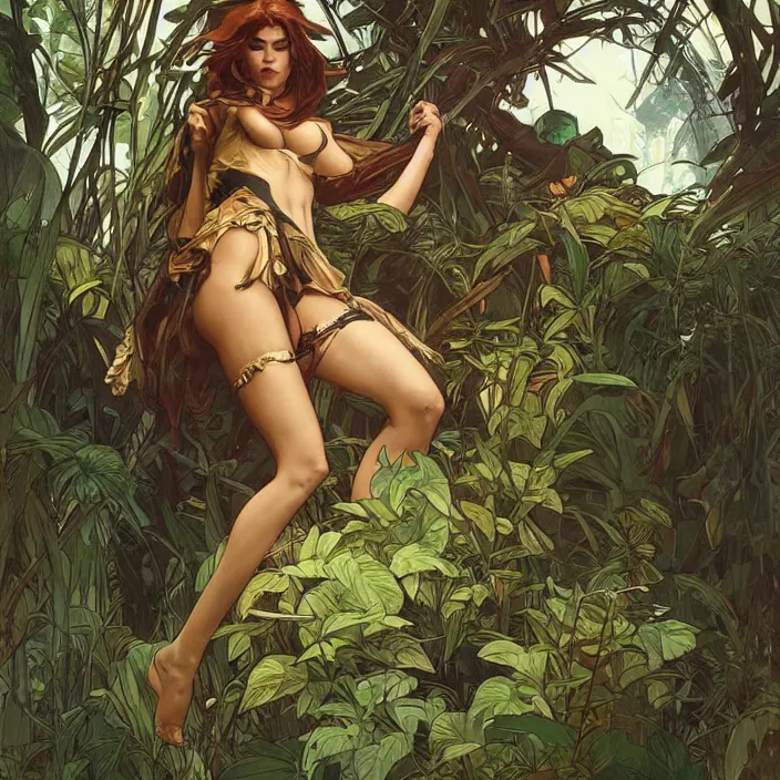 Image similar to leona in a jungle by artgerm, greg rutkowski, alphonse mucha