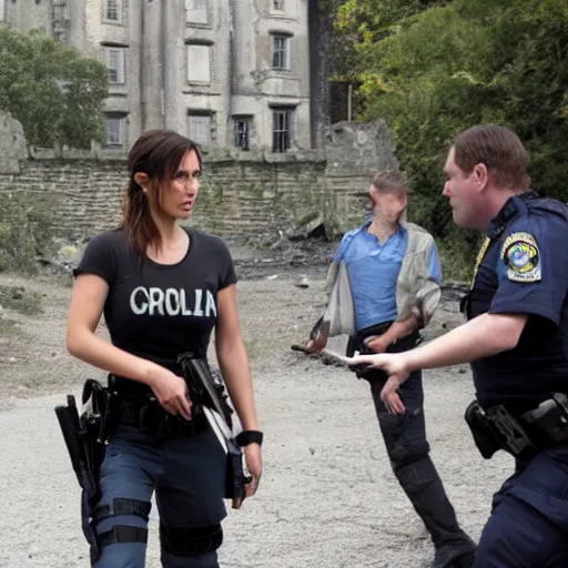 Image similar to lara croft being arrested by cops, derelict castle, news report