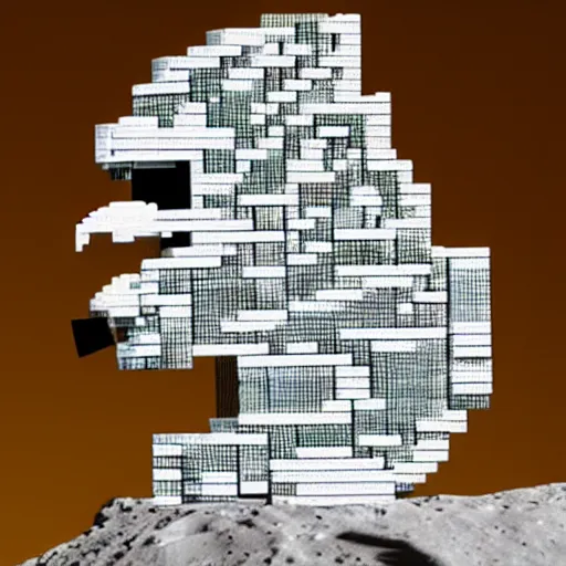 Image similar to squared head rooster building a man made of legos on the moon