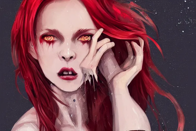 Prompt: witch woman, red hair, soft eyes and narrow chin, dainty figure, long hair straight down, torn overalls, short shorts, combat boots, wet tshirt, raining, basic white background, side boob, symmetrical, portrait, elegant, intricate, digital painting, artstation, concept art, smooth, sharp focus, illustration, art by artgerm and greg rutkowski and alphonse mucha