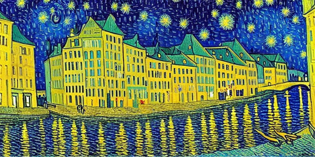 Prompt: a painting of the city of Rostock in the style of Vincent van Gogh, starry night, blue and yellow