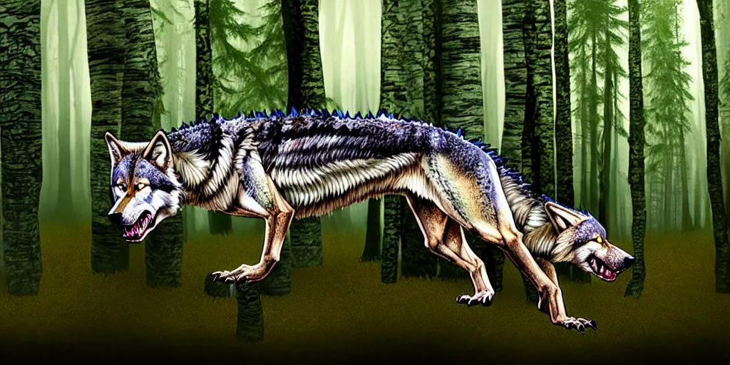 Image similar to chimera made of a wolf and a crocodile, awarded on pixiv, trending on deviantart, realistic birch wood swamp, professional photoshop utilizing real life photos