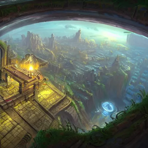 Prompt: a cylindrical pit in the ground with a city inside, painting by Tyler Edlin