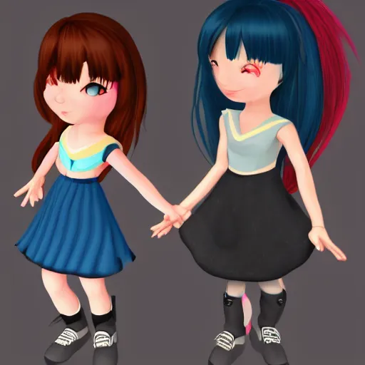 Image similar to a girl with short brown hair and a girl with long blue hair dancing together, trending on artstation