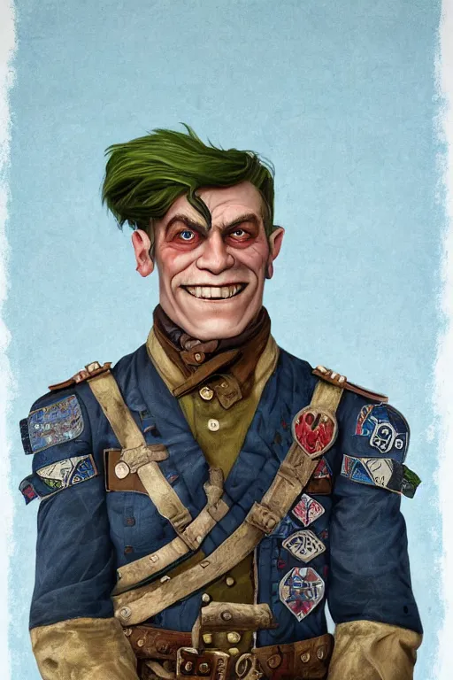 Prompt: nineteenth century style portrait of a middle aged half orc with a bemused smile on his face and intelligent blue eyes. dressed in a patchwork military uniform jacket with cut sleeves, runic arm tattoos, sharp focus, illustration, digital painting, art by magali villeneuve