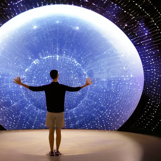 Prompt: high quality professional wide angle photo of large scale immersive installation width large led screen on top, mirror on floor and big sphere for video projection on center. stage design by es devlin. installation about deep nebula space and proto planet. young man raises his hand under the sphere which looks like a planet and the planet visually reacts to it with fluid stains on the surface.